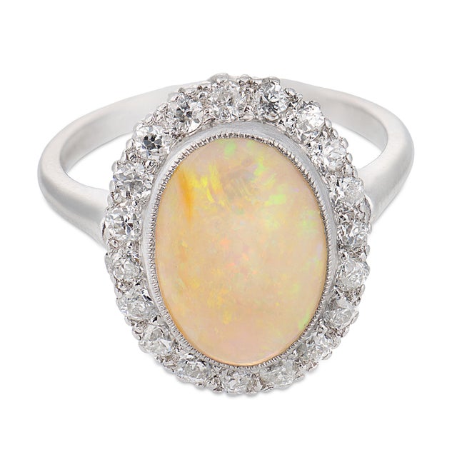 Modern Mid Century Opal Old European Cut Diamond Platinum Cluster Ring, Size 6 For Sale - Image 3 of 6