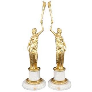 Sculptural Figures, Gilt Bronze on Alabaster Bases, Early 20th Century, Set of 2 For Sale