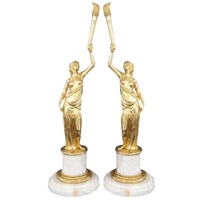 Sculptural Figures, Gilt Bronze on Alabaster Bases, Early 20th Century, Set of 2 For Sale