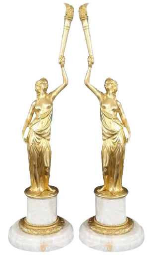 Sculptural Figures, Gilt Bronze on Alabaster Bases, Early 20th Century, Set of 2