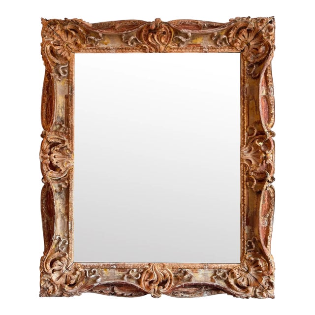 Mid 19th Century Large Carved Mirror With Distressed Polychrome Finish For Sale