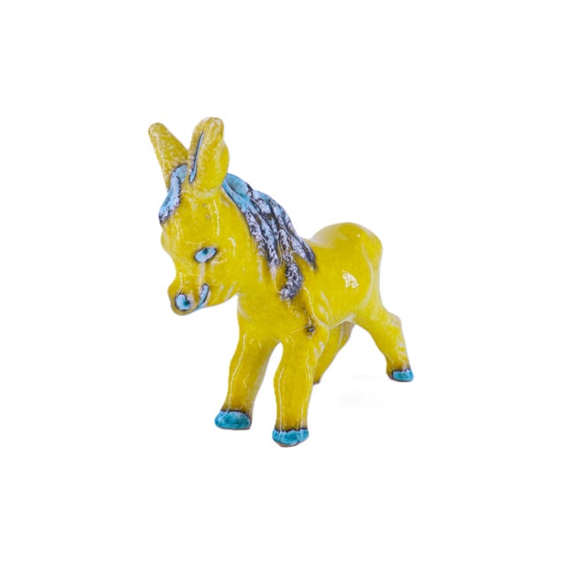 Charming, Vietri hand-painted ceramic donkey figurine. Vibrant yellow glaze with black and turquoise accents. Attributed...