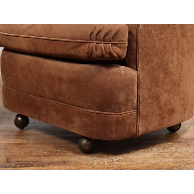 Pair of Mid 20th Century Full Grain Suede Leather Rolling Club Chairs For Sale In Philadelphia - Image 6 of 13