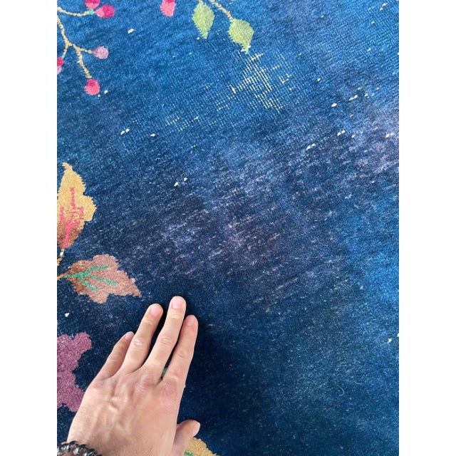 1920-1930's Antique Art Deco Asian Botanical Garden Magenta Berry Navy Purple Green Rug 9 2 X 11 8 For Sale - Image 10 of 13