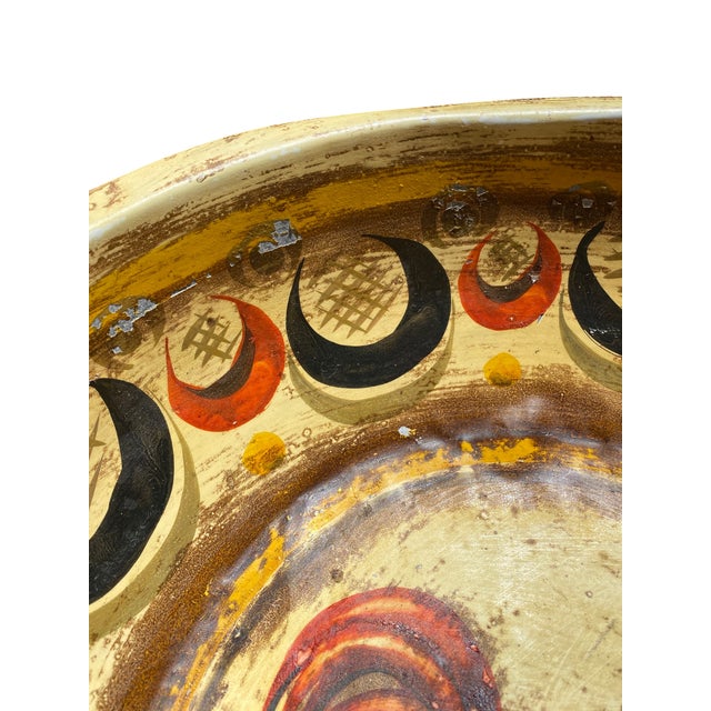 Peter Ompir Signed Tin Bowl Large 17" Rooster Folk Art Hand Painted Toleware For Sale - Image 4 of 6