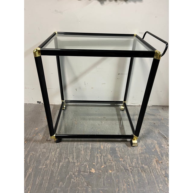 Hollywood Regency Black & Gold-Tone Glass Bar Cart or Tea Cart For Sale In New York - Image 6 of 12