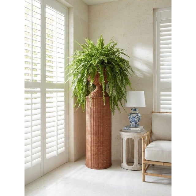 Chestnut Vintage Mid-Century Woven Wicker Pedestal Urn Planter | Boho Chic Rattan Floor Stand For Sale - Image 8 of 12