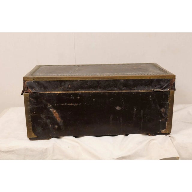 Brown 19th Century Chinese Wood and Hand Painted Leather Trunk With Nail Head Accents For Sale - Image 8 of 9