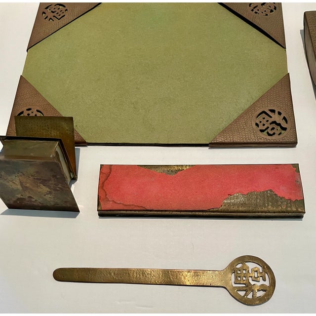 Chinoiserie Antique Hammered Chinoiserie Brass Bronze Desk Set- 5 Pieces For Sale - Image 3 of 13