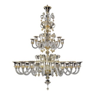 Huge Imperial Venetian "Rigadin" Murano Glass Chandelier With Gold Trimming For Sale