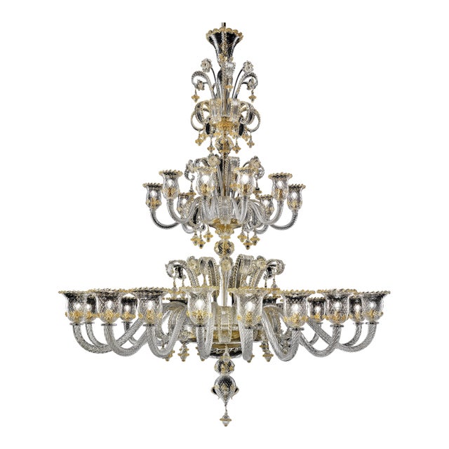 Huge Imperial Venetian "Rigadin" Murano Glass Chandelier With Gold Trimming For Sale