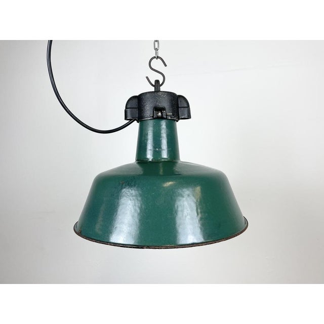 Industrial Green Enamel Factory Lamp with Cast Iron Top from Polam, 1960s For Sale - Image 16 of 16