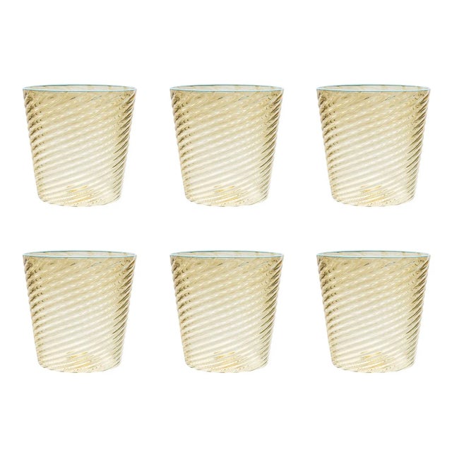 Celerie Kemble Celerie Kemble Glassware for Chairish Twisty Cups in Olive with Opal Blue Rim, Set of 6 For Sale - Image 4 of 5