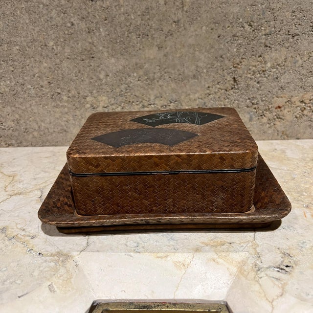 Wood Antique Japanese Lacquer Cigarette Box Set With Bamboo & Silver Insert For Sale - Image 7 of 13