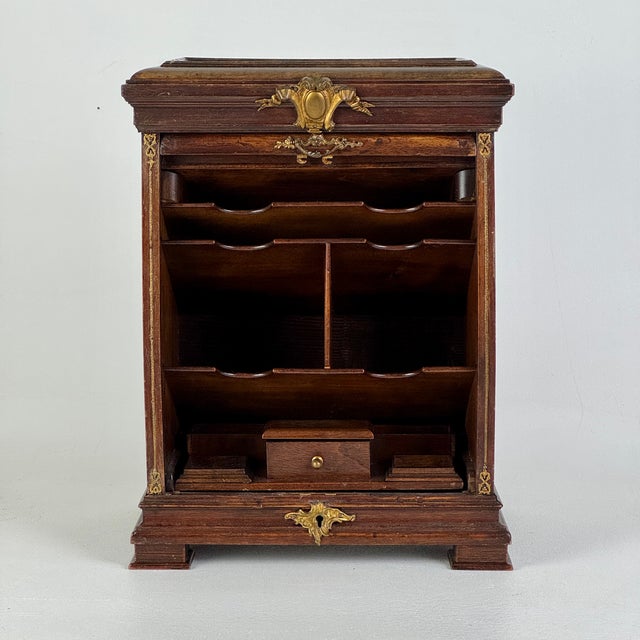 A gorgeous small antique French desktop organizer. A tambour door desk organizer or stationary box with bronze ornamental...