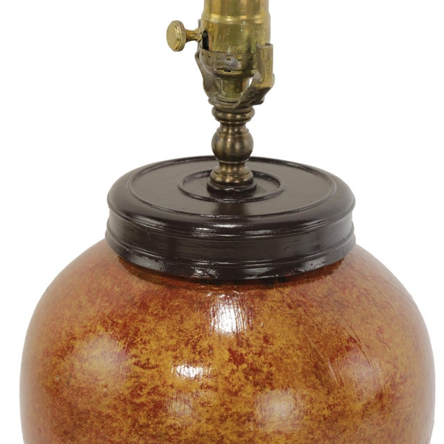 A Red Vintage Ceramic Table Lamp With a Unique Brown and Gold Speckled Glaze. For Sale - Image 4 of 7