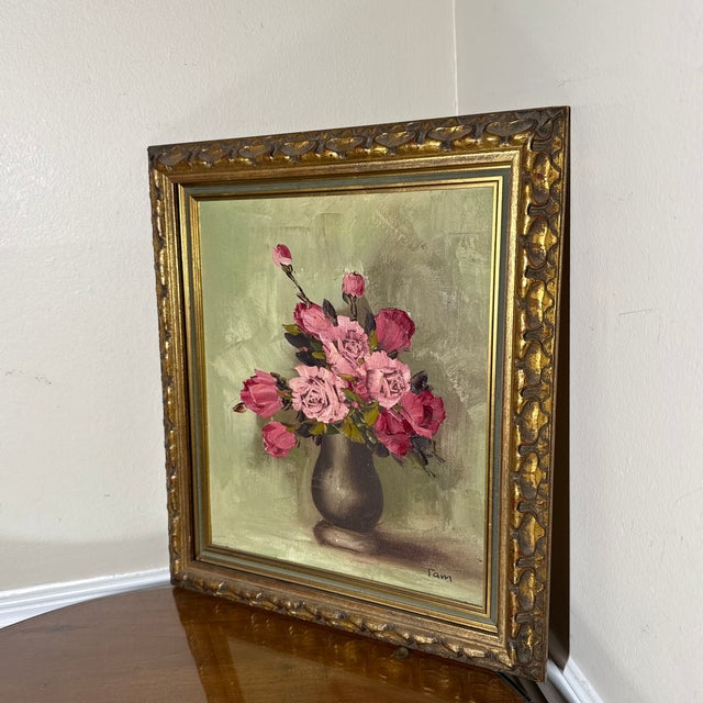 Vintage Oil Still Life Pink Roses Painting Framed Signed "Am For Sale In Atlanta - Image 6 of 7