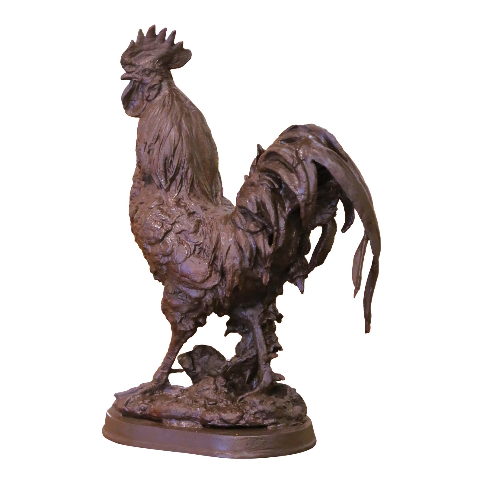 Early 20th Century French Cast-Iron Rooster Sculpture on Oval Base ...