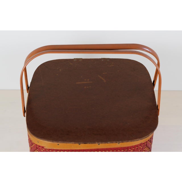 Mid-Century Red Woven Picnic Basket With Lid and Handles For Sale - Image 13 of 17