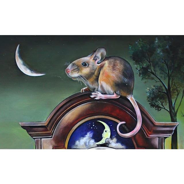 Surrealism Timeless Dreamer by Claudia Griesbach-Martucci | Oil on Artefex Mouse on a clock with a rose and ribbon. For Sale - Image 3 of 5