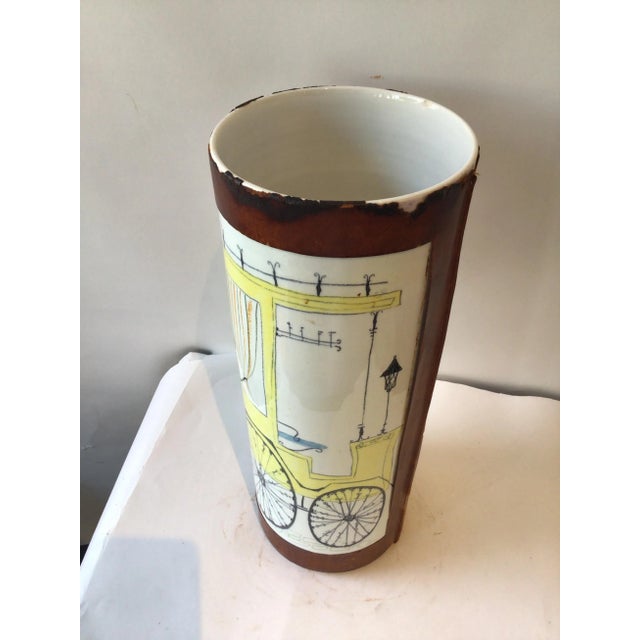 1960s Quadrifoglio Italian Leather & Ceramic Hand Painted Vase or Umbrella Stand For Sale - Image 11 of 11
