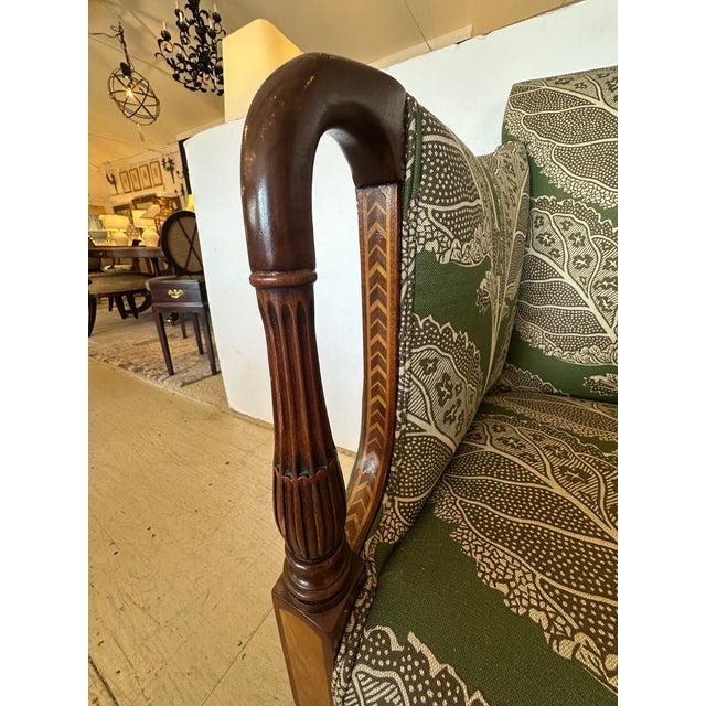 Elegant and updated pair of inlaid mahogany and satinwood Federal Sheraton armchairs newly upholstered in a stunning...