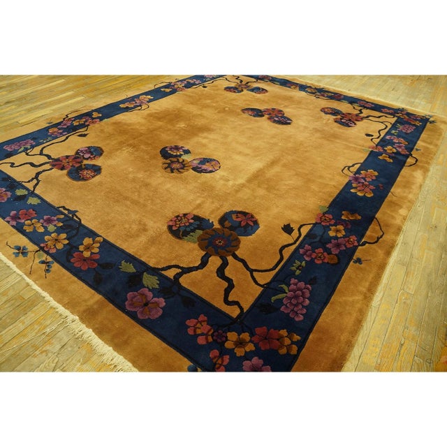 1920s Gold Floral Medallion Chinese Art Deco Carpet 9' X 11' 7" Knotted Wool Rug For Sale In New York - Image 6 of 10