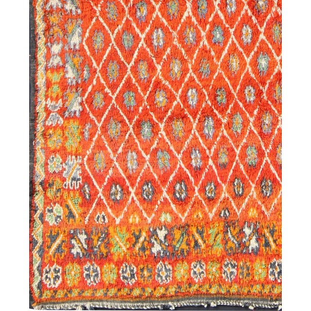 Mid 20th Century Orange and Red Background Vintage Moroccan Rug With All-Over Diamond Pattern For Sale - Image 4 of 7