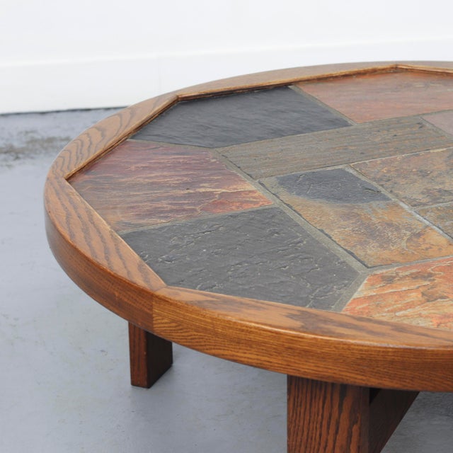 Large Brutalist Round Coffee Table with Tiles, 1970s, in Good conditions. Designed 1970 to 1979