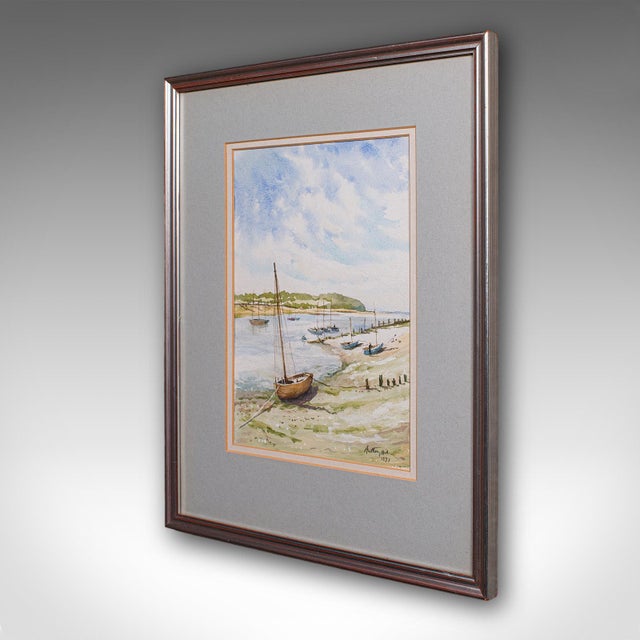 Nautical Vintage Beach Landscape Painting, English School Watercolour, Nautical Art, 1991 For Sale - Image 3 of 9