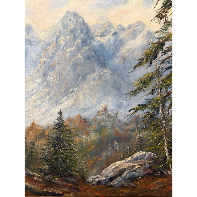 Dark Green Vintage Signed Original Mountain Landscape Oil Painting on Canvas | Framed Alpine Forest Scene | 31” X 25.5” For Sale - Image 8 of 13