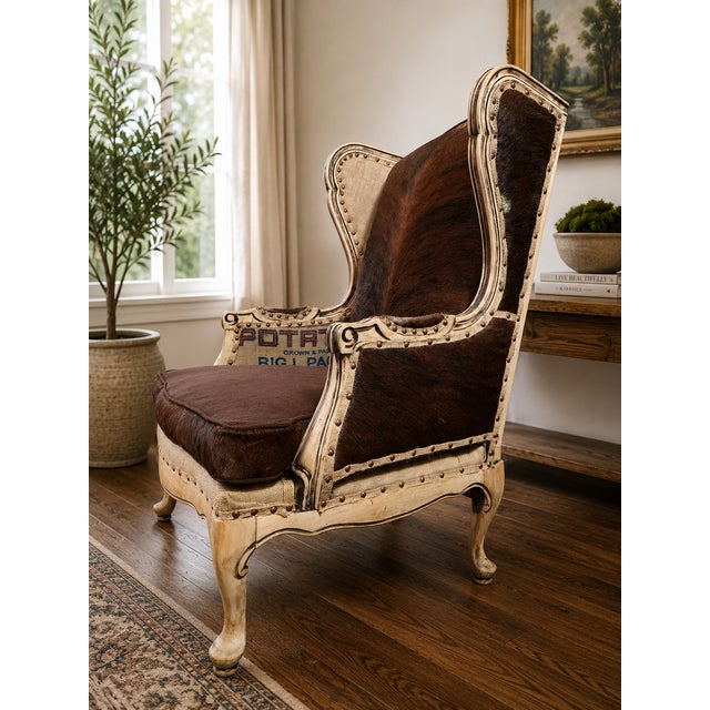 Late 20th Century One-of-a-Kind Cowhide & Vintage Feed Sack Wingback Chair For Sale - Image 5 of 7
