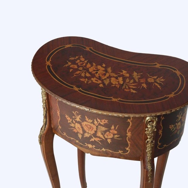 French Rosewood, Ormolu, Marquetry & Inlaid 2 Drawer Kidney Shaped Stand C1920 For Sale - Image 11 of 15
