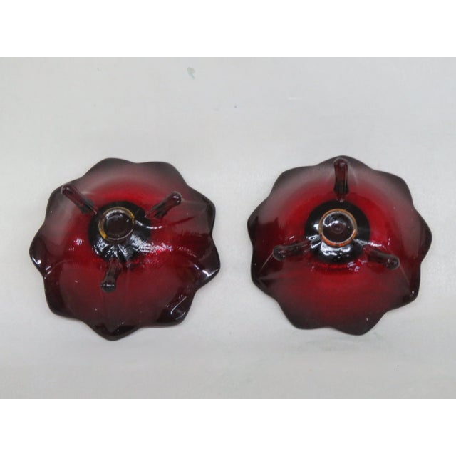 Fenton Style 3 Footed Ruby Red Glass Candle Stick Holders a Pair For Sale - Image 12 of 12