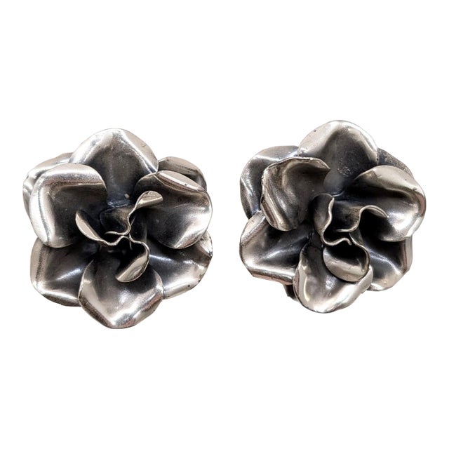 Vintage 1960s Signed Napier Silvertone 3d Rose Clip Earrings-2 Pieces For Sale