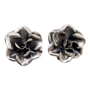 Vintage 1960s Signed Napier Silvertone 3d Rose Clip Earrings-2 Pieces