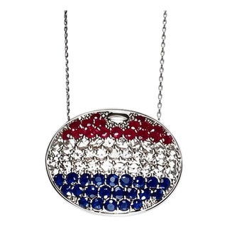 Late 20th Century 14K White Gold Sapphire Ruby Topaz American Flag Pendant Necklace For Sale