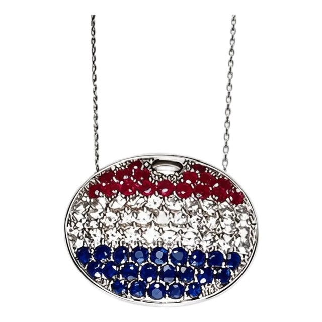 Late 20th Century 14K White Gold Sapphire Ruby Topaz American Flag Pendant Necklace For Sale