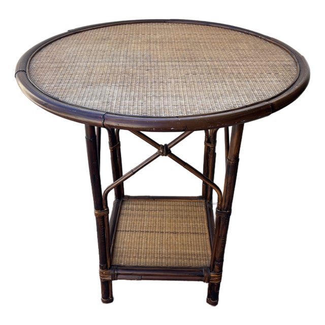 Palecek Vintage Boho Chic Bamboo and Rattan Round Accent Table in Excellent Condition For Sale