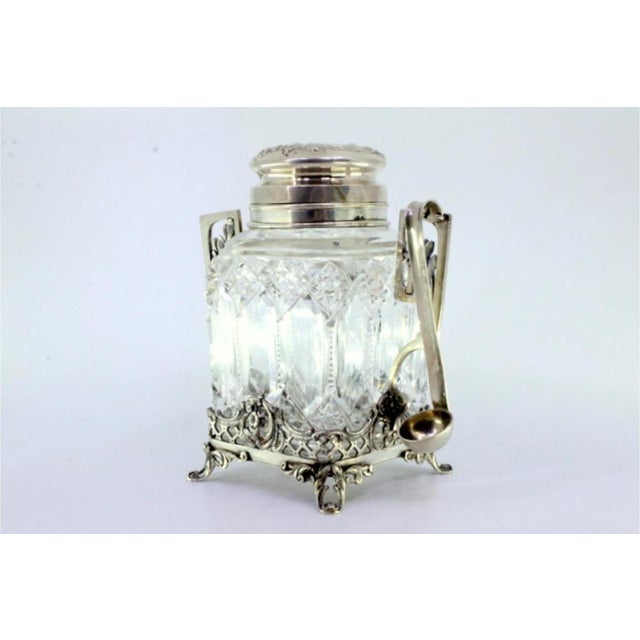 Silver and Glass Compote Dish with Floral Motifs, Lid with Monogram Plaque and Openwork Feet For Sale - Image 6 of 8