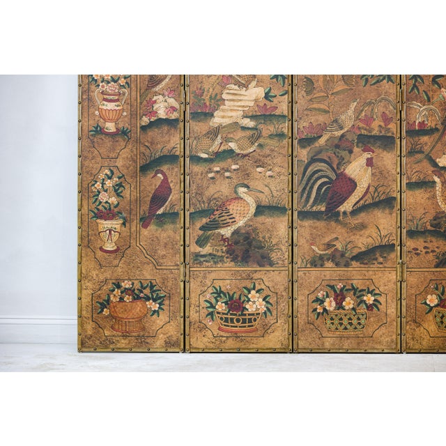 Brown Six-Panel Leather Screen with Birds, Flowers, and Roosters - Vintage For Sale - Image 8 of 12