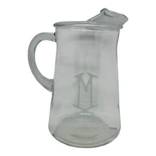 Vintage Monogrammed “M” Pressed Glass Pitcher For Sale