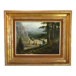 Signed Robert DeLeon "Mountain Reflections" Oil Painting ~ Native American Teepee Camp For Sale
