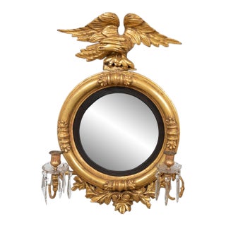 Important Antique c.1830 Giltwood Girandole Convex Federal Mirror With Eagle For Sale