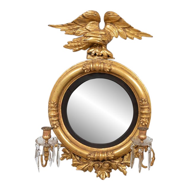Important Antique c.1830 Giltwood Girandole Convex Federal Mirror With Eagle For Sale