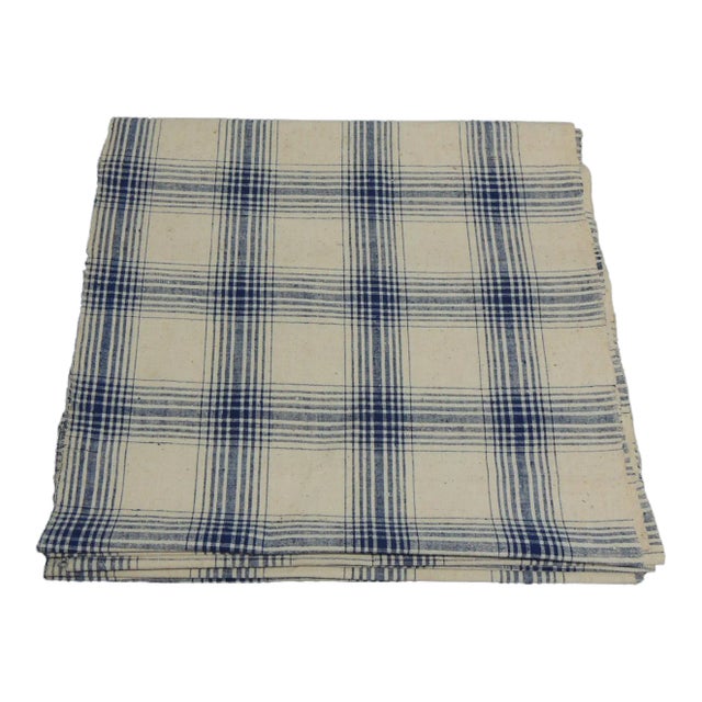 Vintage Off-White and Blue Asian Silk Plaid Fabric For Sale