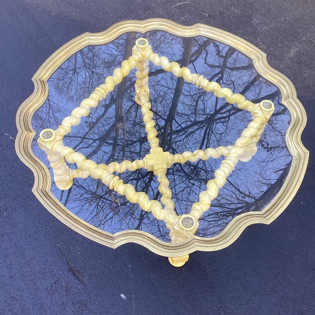 Vintage Baker Furniture Scalloped Golden Yellow Coffee Table With Brass and Glass Top – 44“ For Sale - Image 10 of 11