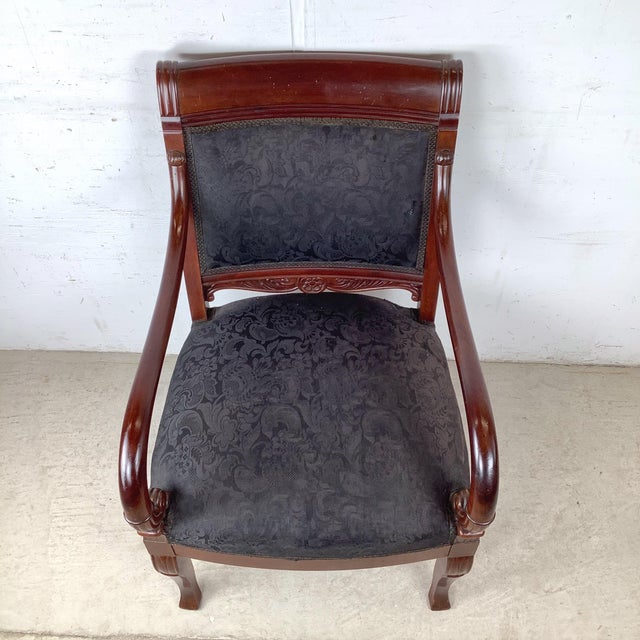 Antique Empire Style Mahogany Armchair With Black Damask Upholstery For Sale - Image 4 of 12