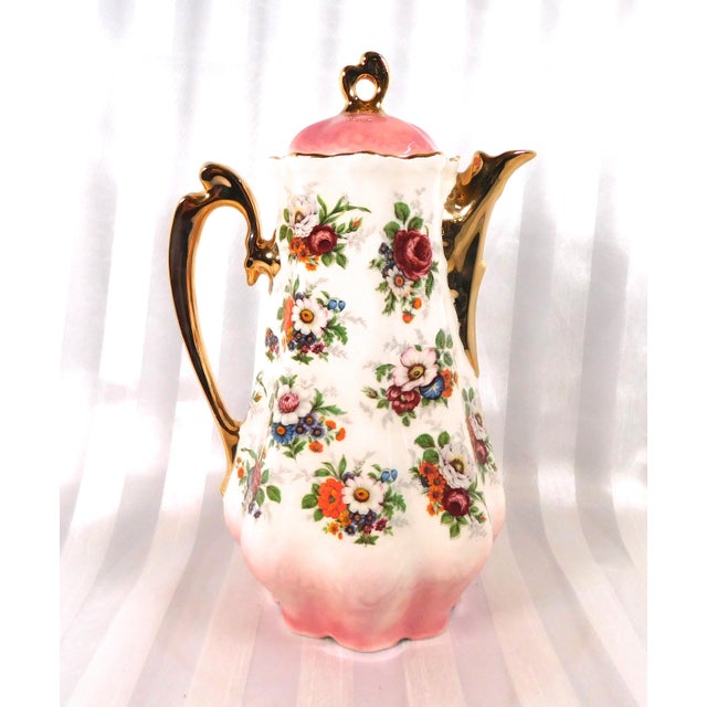 Contemporary 1940s Pink and White Floral Teapot Chocolate Pot For Sale - Image 3 of 7