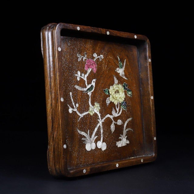 Late 19th Century Square Wooden Tray With Mother-of-Pearl Bird and Floral Inlay For Sale - Image 5 of 10